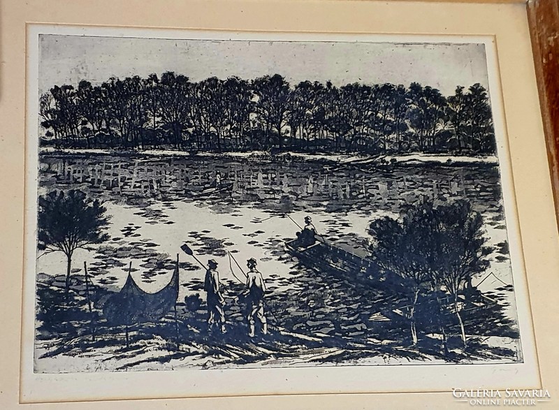 Etching entitled Fishing on the Tisza