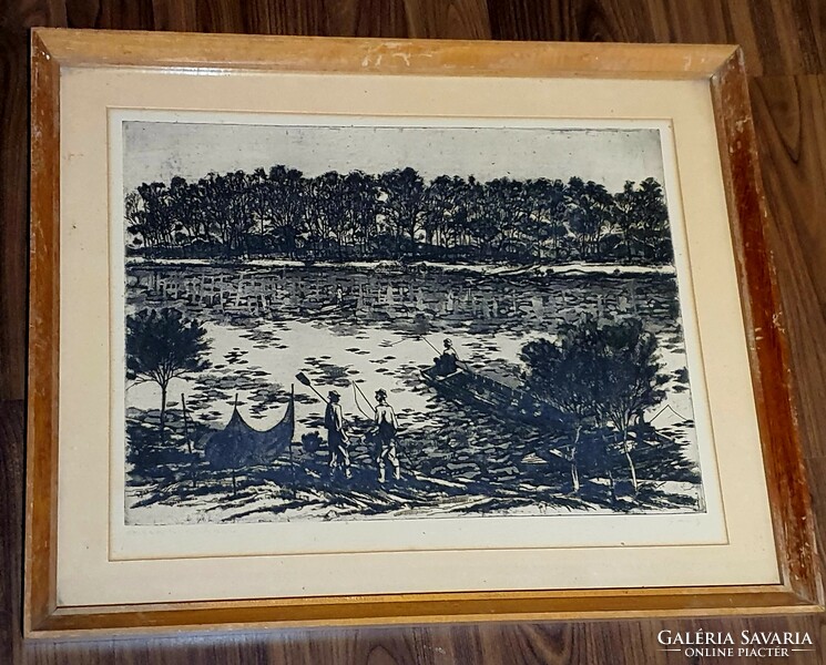 Etching entitled Fishing on the Tisza