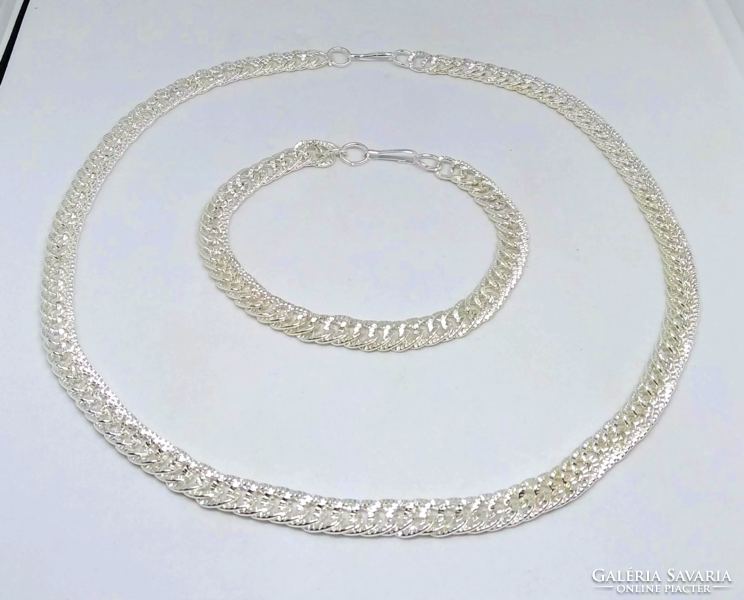 Silver plated thick Cuban necklace and bracelet set