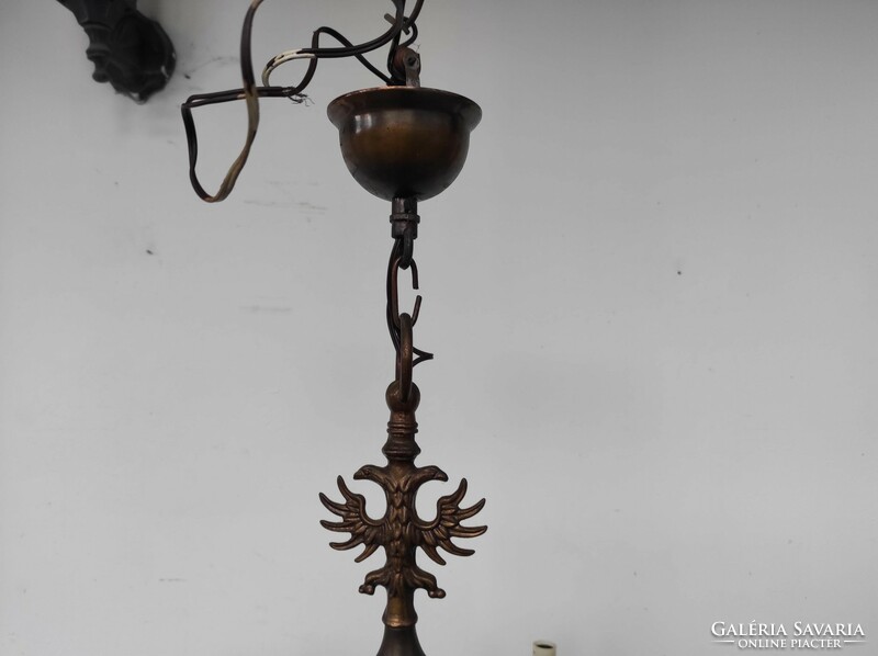 Antique 6-arm patinated copper Flemish chandelier + 6 new decorative candles and 6 bulbs 639