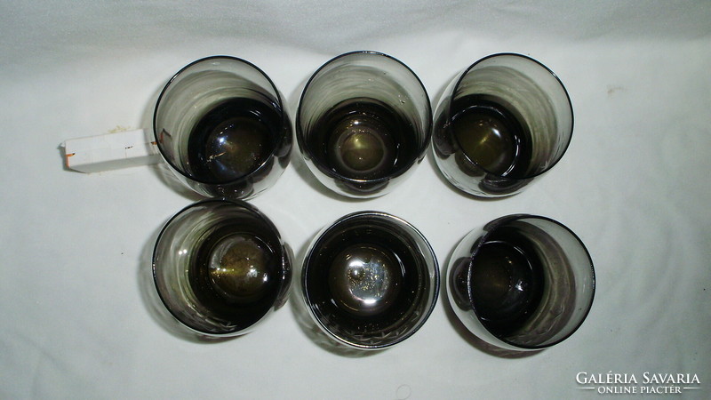 Six smoke-colored, etched glass glasses - together