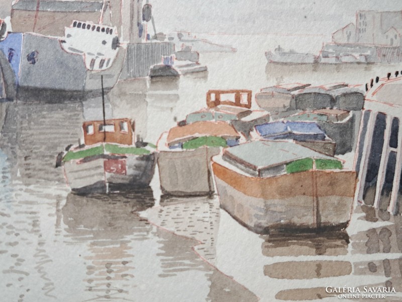 Mark Gibbons: Kikötő, 1973 (akvarell kerettel) hajózás, tengerpart, brit festőművész, angol