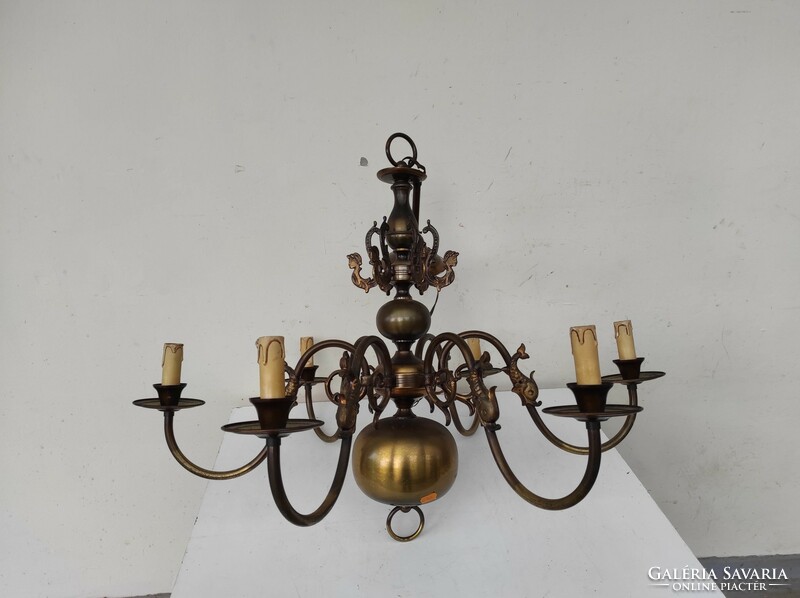 Antique 6-arm patinated copper Flemish chandelier + 6 new decorative candles and 6 bulbs 640