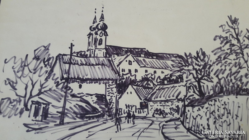 Street view of Mátyás Réti Tihany, ink drawing with abbey towers in the background, Balaton
