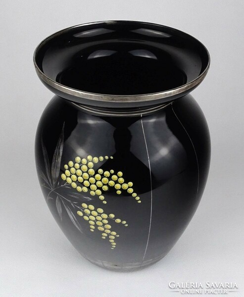 1L962 old black glass vase with silver decoration 22 cm