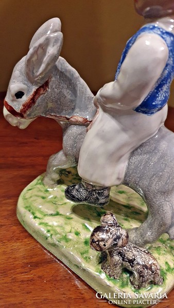 Izsépy ceramic, a boy on a donkey, on a donkey's back, with a dog, flawless, foal boy figure.