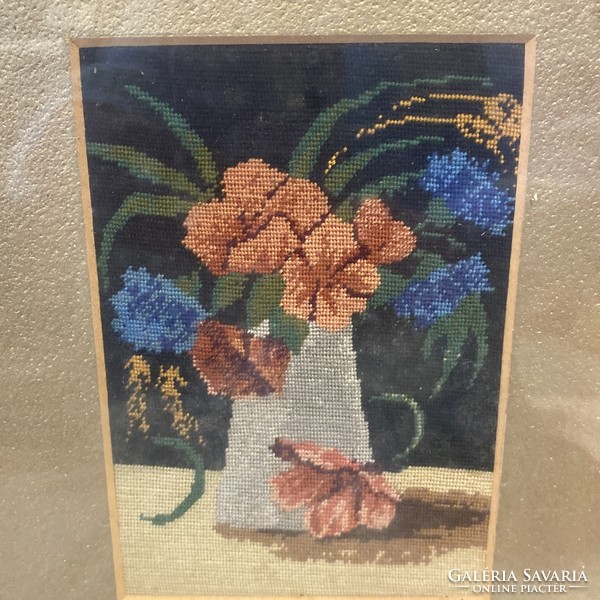 Antique picture frame with needle tapestry