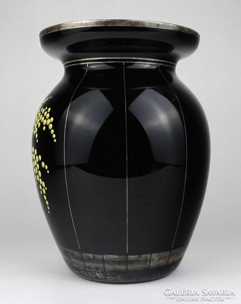 1L962 old black glass vase with silver decoration 22 cm