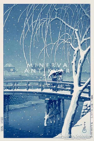 Régi japán fametszet - téli utca híd folyópart hóesés este ernyő 1932 Kitűnő minőségű reprint nyomat