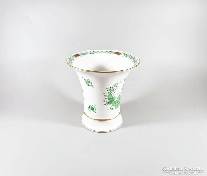 Herend, green Indian basket pattern vase, hand-painted porcelain 14 cm., Flawless (j331)