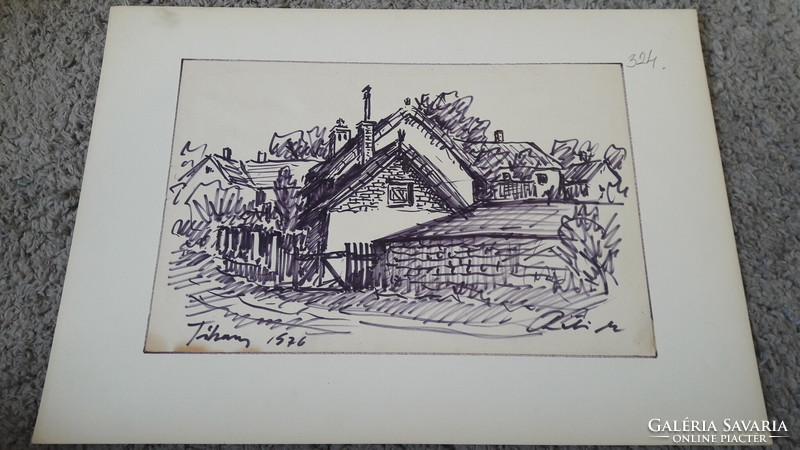 Street view of Mátyás Réti Tihany, ink drawing 1976 Balaton