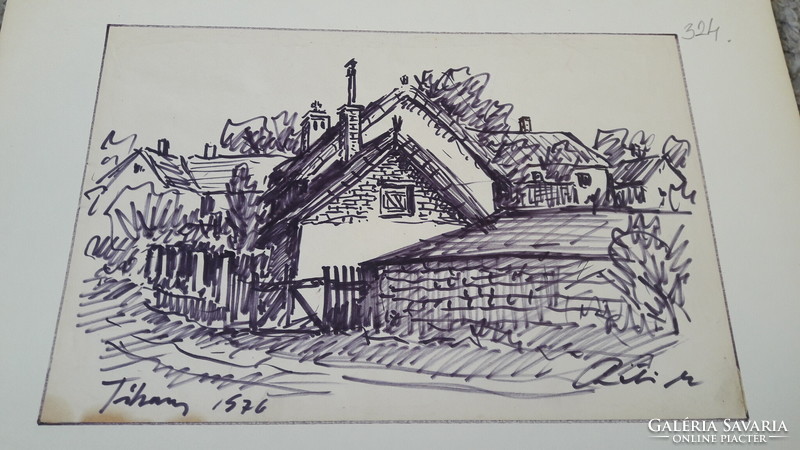 Street view of Mátyás Réti Tihany, ink drawing 1976 Balaton