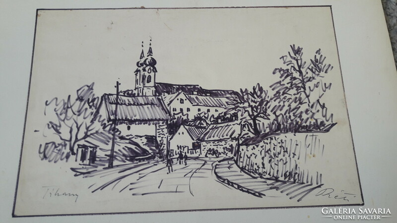 Street view of Mátyás Réti Tihany, ink drawing with abbey towers in the background, Balaton