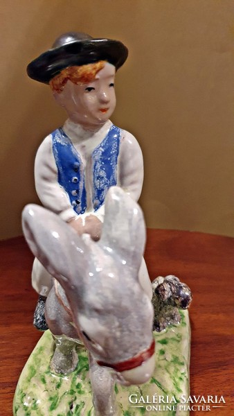 Izsépy ceramic, a boy on a donkey, on a donkey's back, with a dog, flawless, foal boy figure.