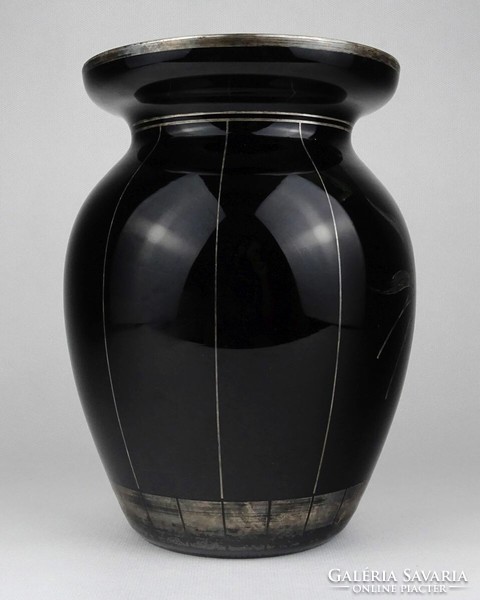 1L962 old black glass vase with silver decoration 22 cm