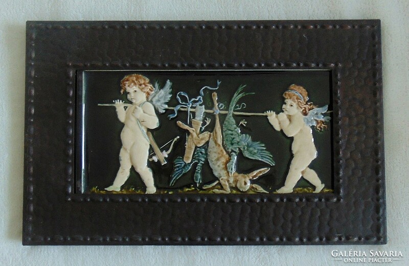 Antique thick decorative tiles, puttos, angels, cherubs - late 19th century