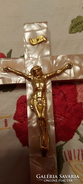 Wooden cross crucifix with body inlaid with mother-of-pearl, Jesus altar