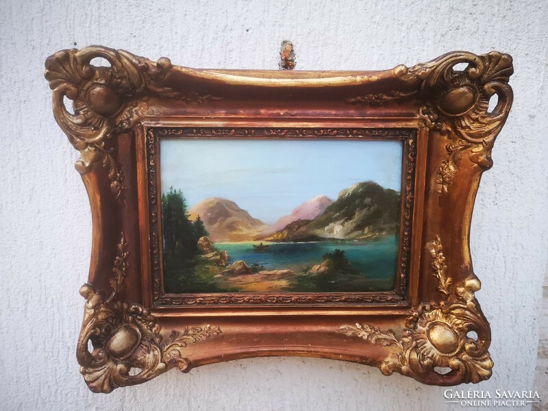 Beautiful landscape painting in blonde frame. M. L. Monogram