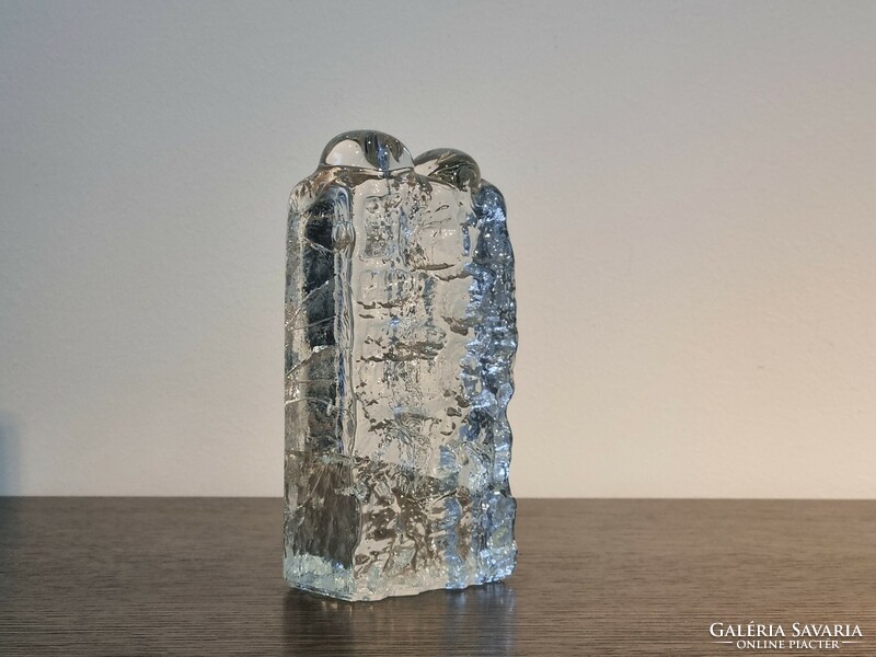 Vintage jégüveg blokkváza,solifleur / modern design a '70-es évekből