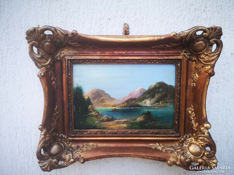 Beautiful landscape painting in blonde frame. M. L. Monogram