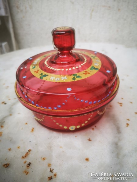 Antik szecessziós Rubin vagy rózsaszín üveg bonbonier cukor tartó ékszertartó dobozka, Muránó Cseh