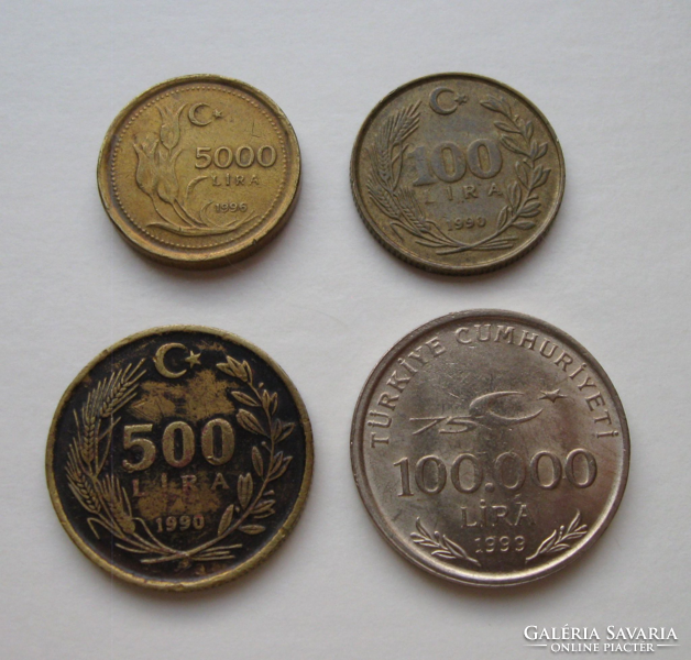 Törökország –4 db-os Török Líra Lot - 100-500-5000-100 000 ₤ -1990-1996-1999