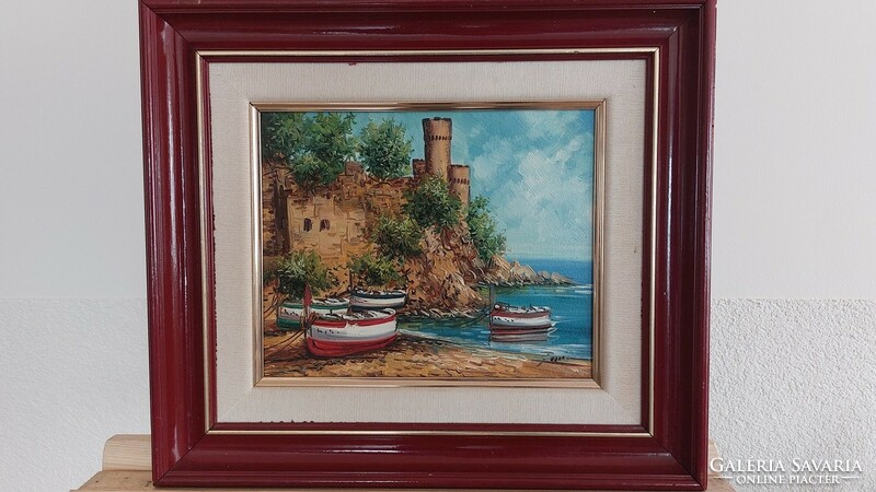 (K) beautiful Mediterranean painting, sea, harbor 42x37 cm with frame