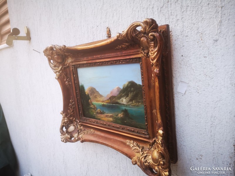 Beautiful landscape painting in blonde frame. M. L. Monogram