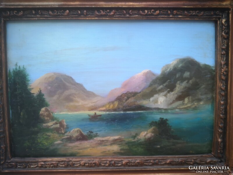 Beautiful landscape painting in blonde frame. M. L. Monogram