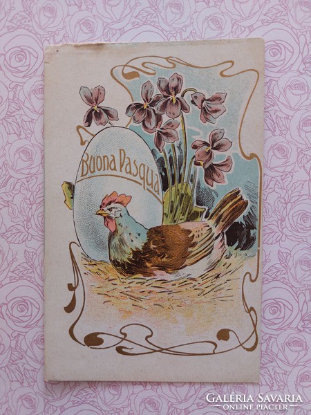 Old Easter postcard Art Nouveau postcard with egg hen violet