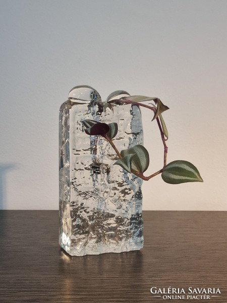 Vintage ice glass block vase, solifleur / modern design from the '70s