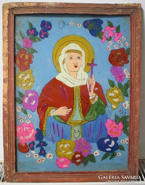 Antik festett erdélyi üveg kép ikon  32 x 43 cm magyar néprajz