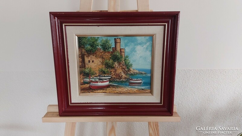 (K) Gyönyörű mediterrán festmény, tenger, kikötő 42x37 cm kerettel