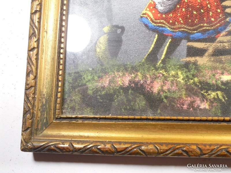Old folk scene silk picture on canvas in a decorative gilded wooden picture frame - dimensions: 27 cm x 24 cm