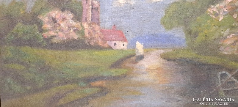 Antique canvas oil painting, landscape 63cm x46 cm