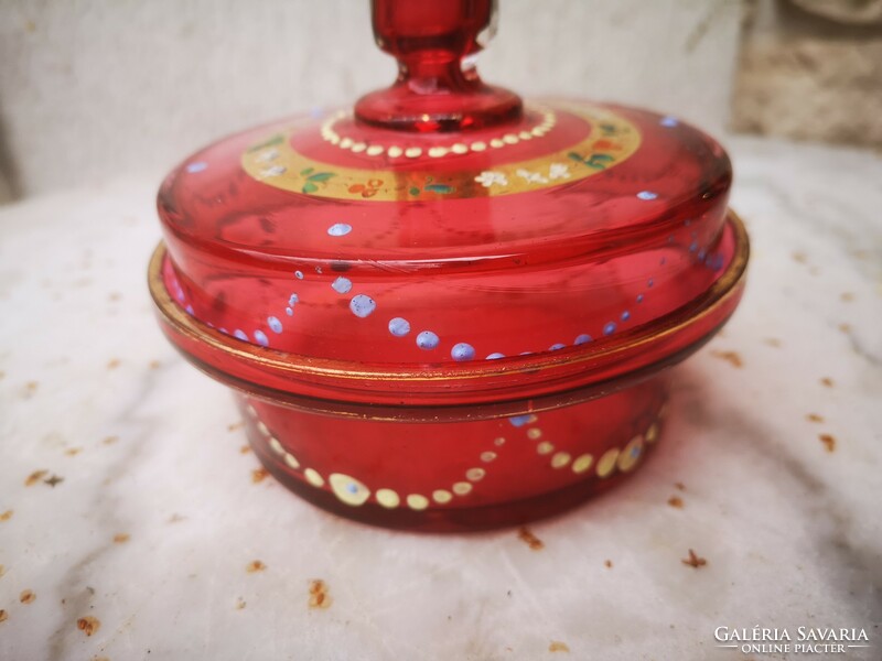 Antique Art Nouveau ruby or pink glass bonbonier sugar jewelry box, Murano Czech