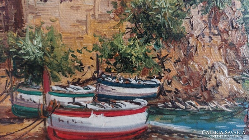 (K) Gyönyörű mediterrán festmény, tenger, kikötő 42x37 cm kerettel