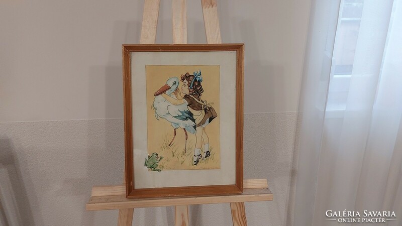(K) Szignózott meseszerű életkép festmény 32x42 cm kerettel