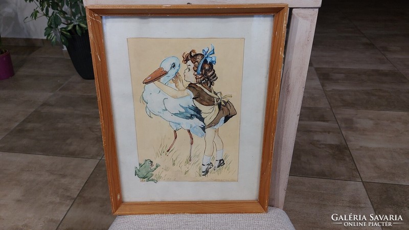 (K) signed fairytale-like portrait painting with 32x42 cm frame