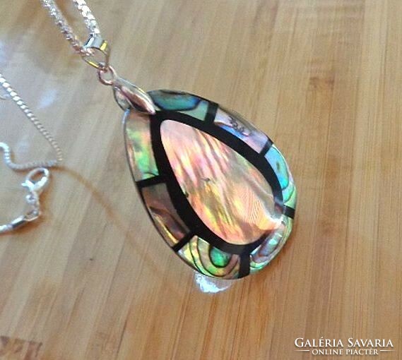 Large abalone inlaid mother-of-pearl pendant and chain