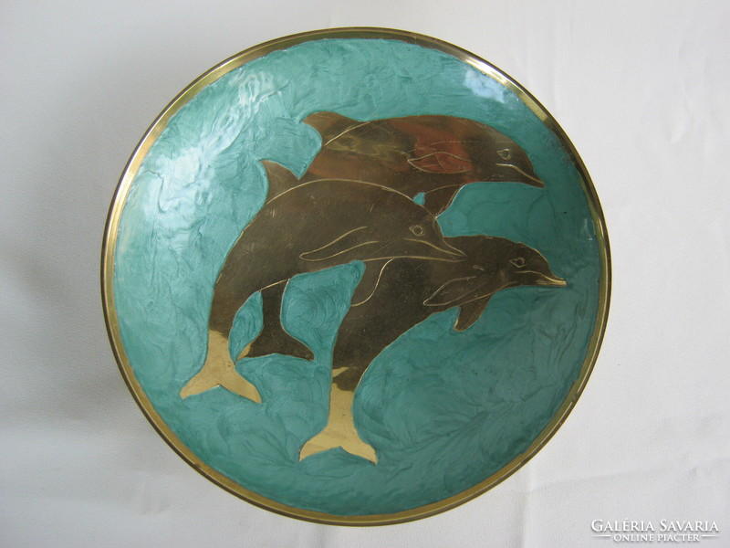 Dolphin patterned fire enameled copper bowl serving centerpiece