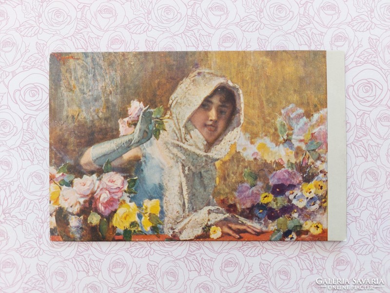Régi képeslap hölgy virágokkal levelezőlap