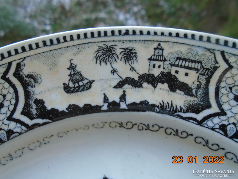 First half of the 19th century petrus regout Maastricht black china mother-of-pearl glazed plate with 3 landscapes