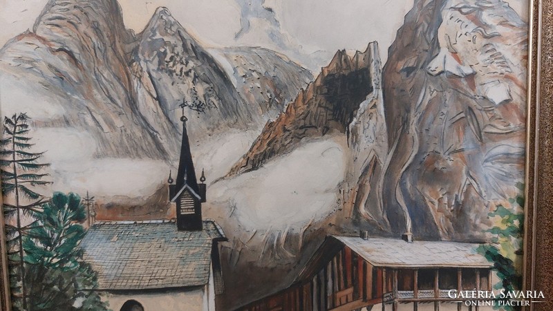 (K) Szép szignózott hegyvidéki falurészlet festmény 30x41 cm kerettel