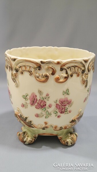 Zsolnay floral hand-painted porcelain large bowl with baroque legs