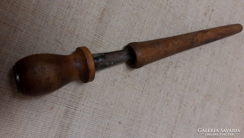 Antique wooden-framed spike pin in a wooden case for examining grains.