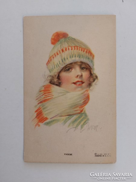 Old postcard art drawing postcard young lady