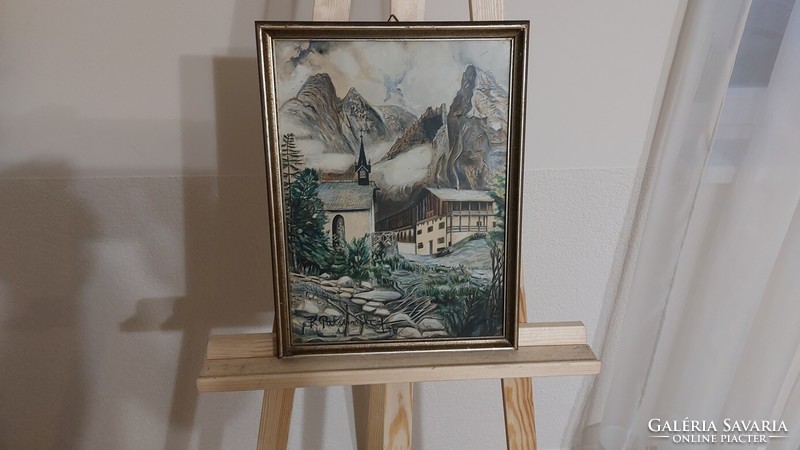 (K) beautiful signed mountain village detail painting with 30x41 cm frame
