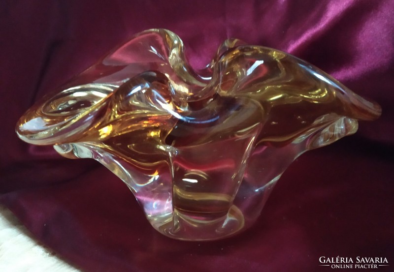 Bohemian glass bowl, centerpiece, thick-walled, amber glass