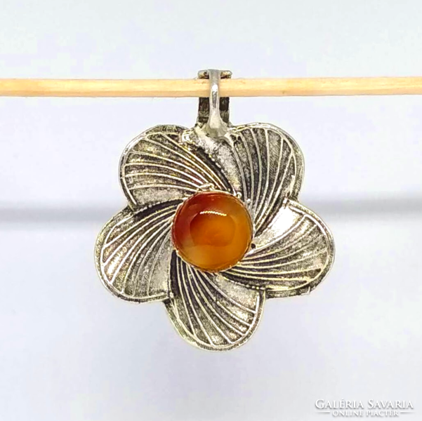 Carved Tibetan silver flower pendant with carnelian stone n74713